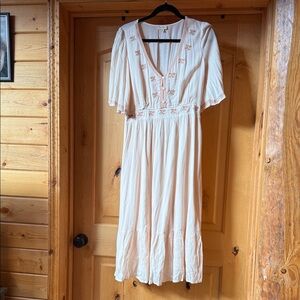Hem & Thread Cream Embroidered Midi Dress